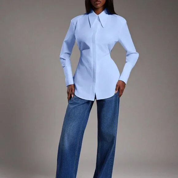 Blue Casual Women's Long Sleeve Button Up Top - Picture 5 of 7